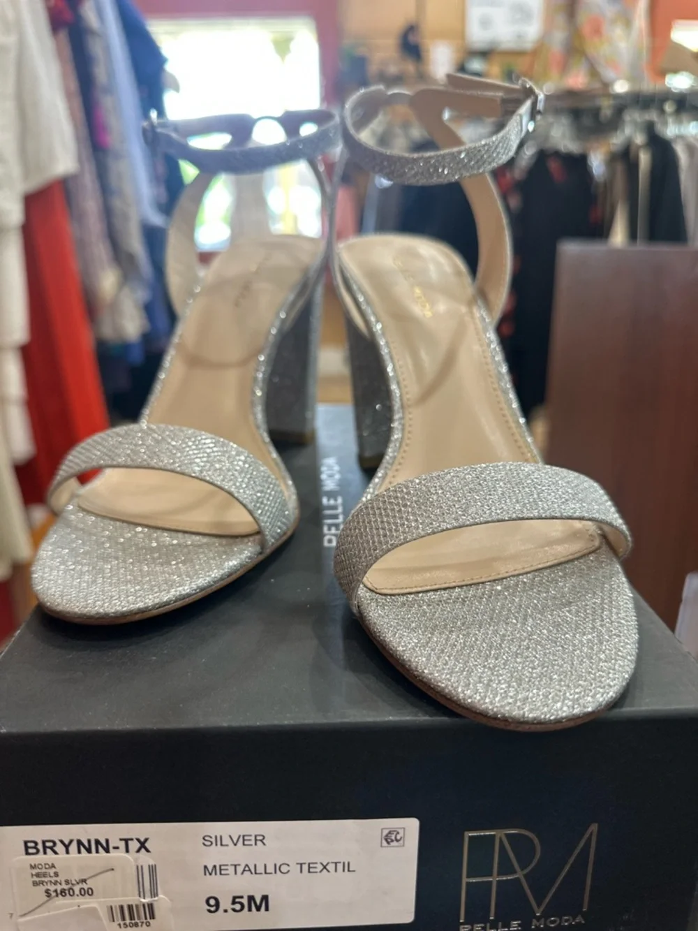 Pelle Moda Silver Glitter Block Heel Sandals with Ankle Strap - Picture 4 of 7